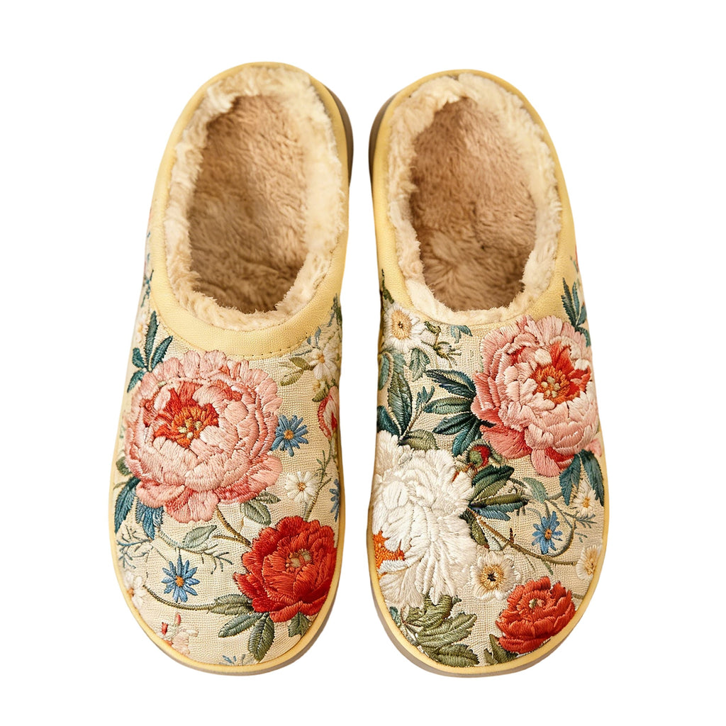 Cream Peony Garden Embroidery Plush Printed Slippers