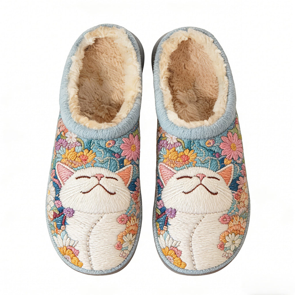 Sky Blue Floral White Cat Embroidery Plush Printed Slippers