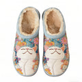 Sky Blue Floral White Cat Embroidery Plush Printed Slippers