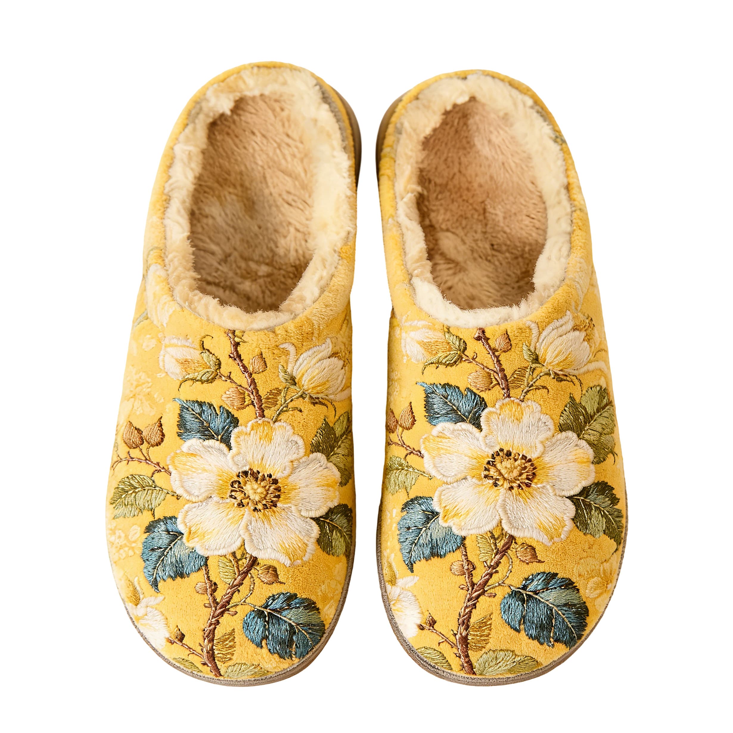 Mustard White Blossom Branch Embroidery Plush Printed Slippers