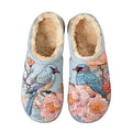 Pale Blue Bird & Peony Embroidery Plush Printed Slippers