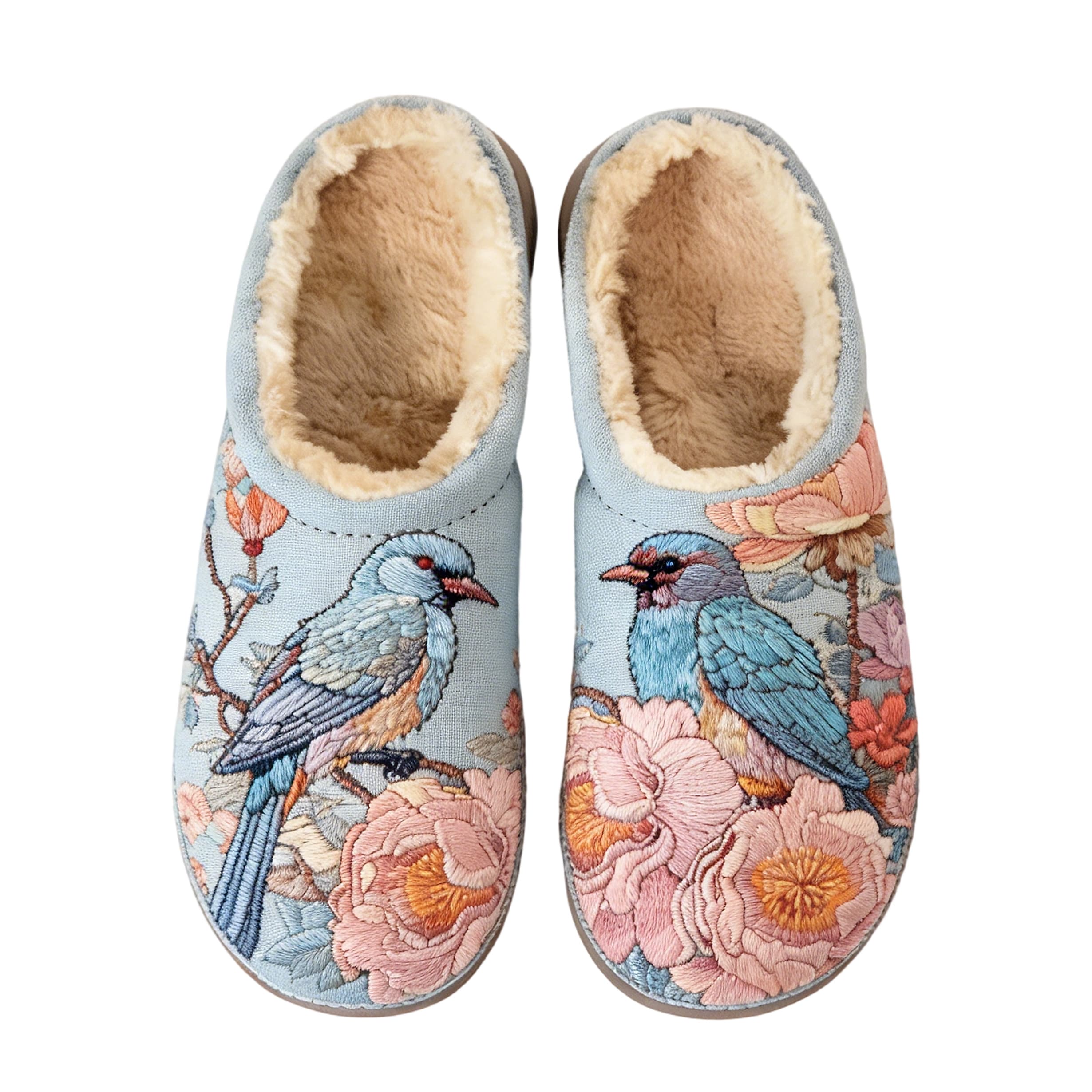 Pale Blue Bird & Peony Embroidery Plush Printed Slippers