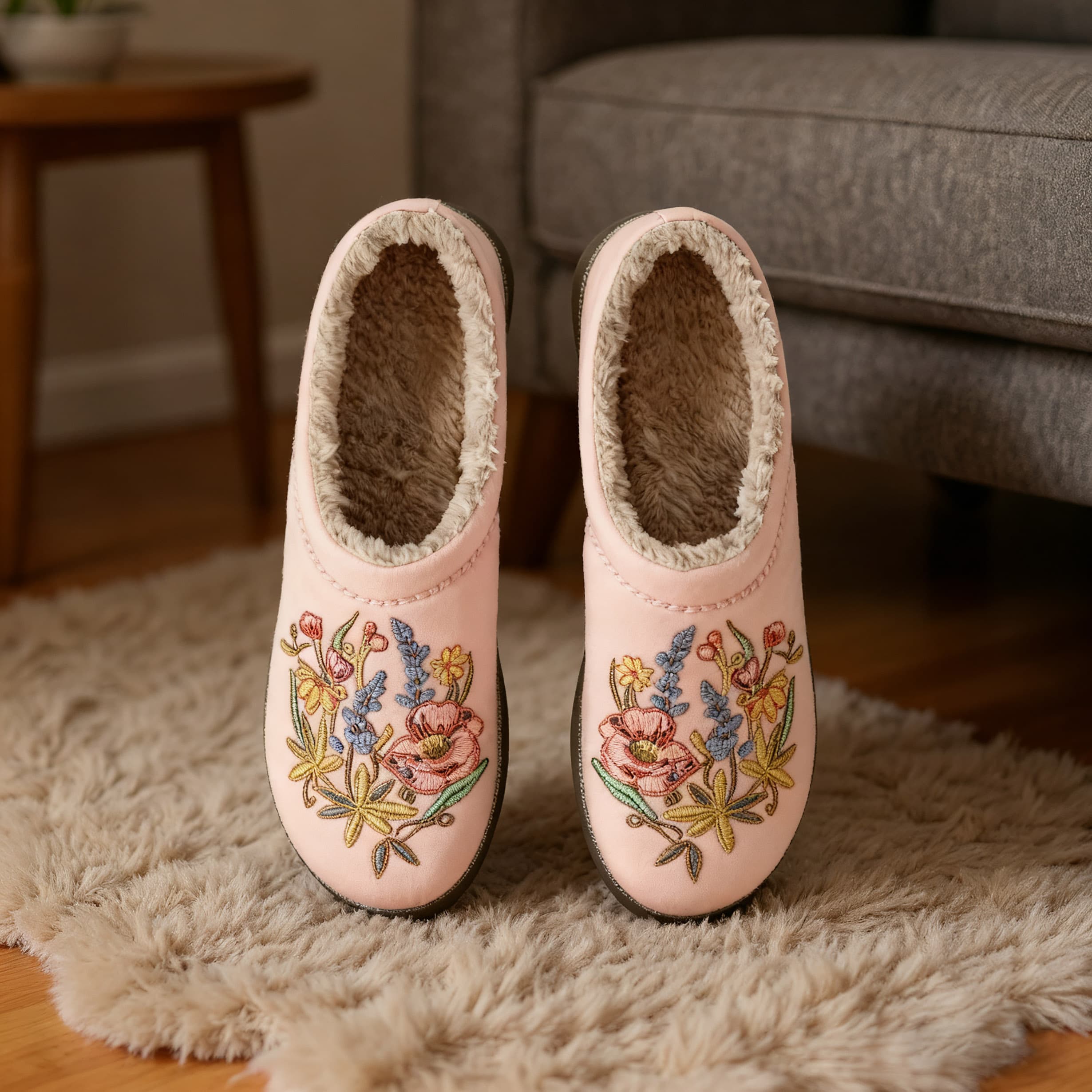 Pink Rose Bouquet Embroidery Plush Printed Slippers