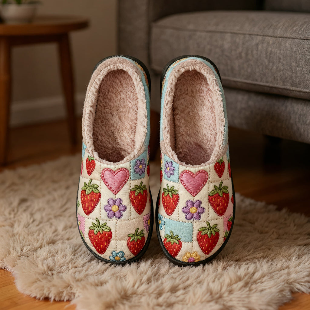 Quilted Strawberry Embroidery Plush Printed Slippers