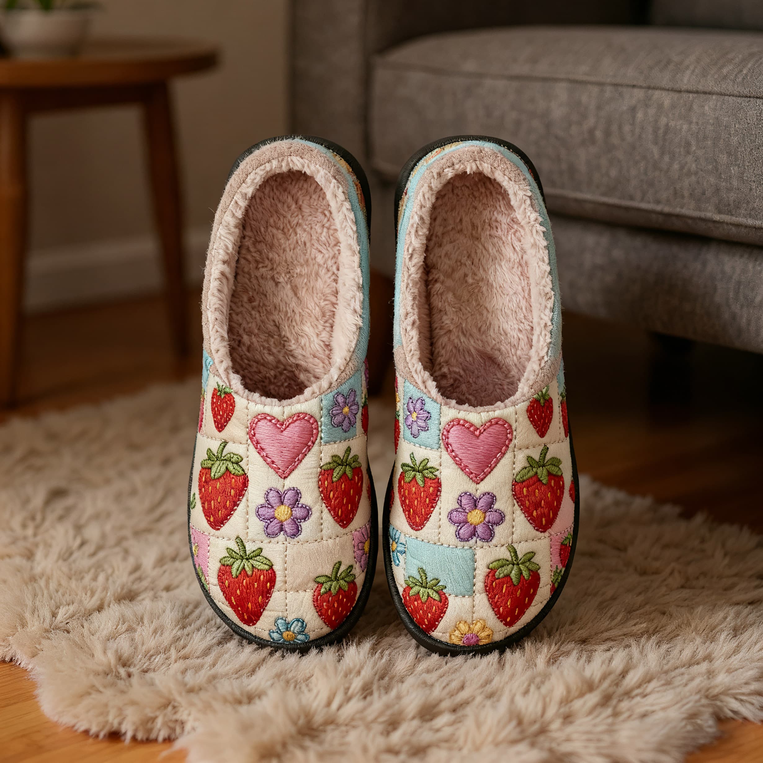 Quilted Strawberry Embroidery Plush Printed Slippers