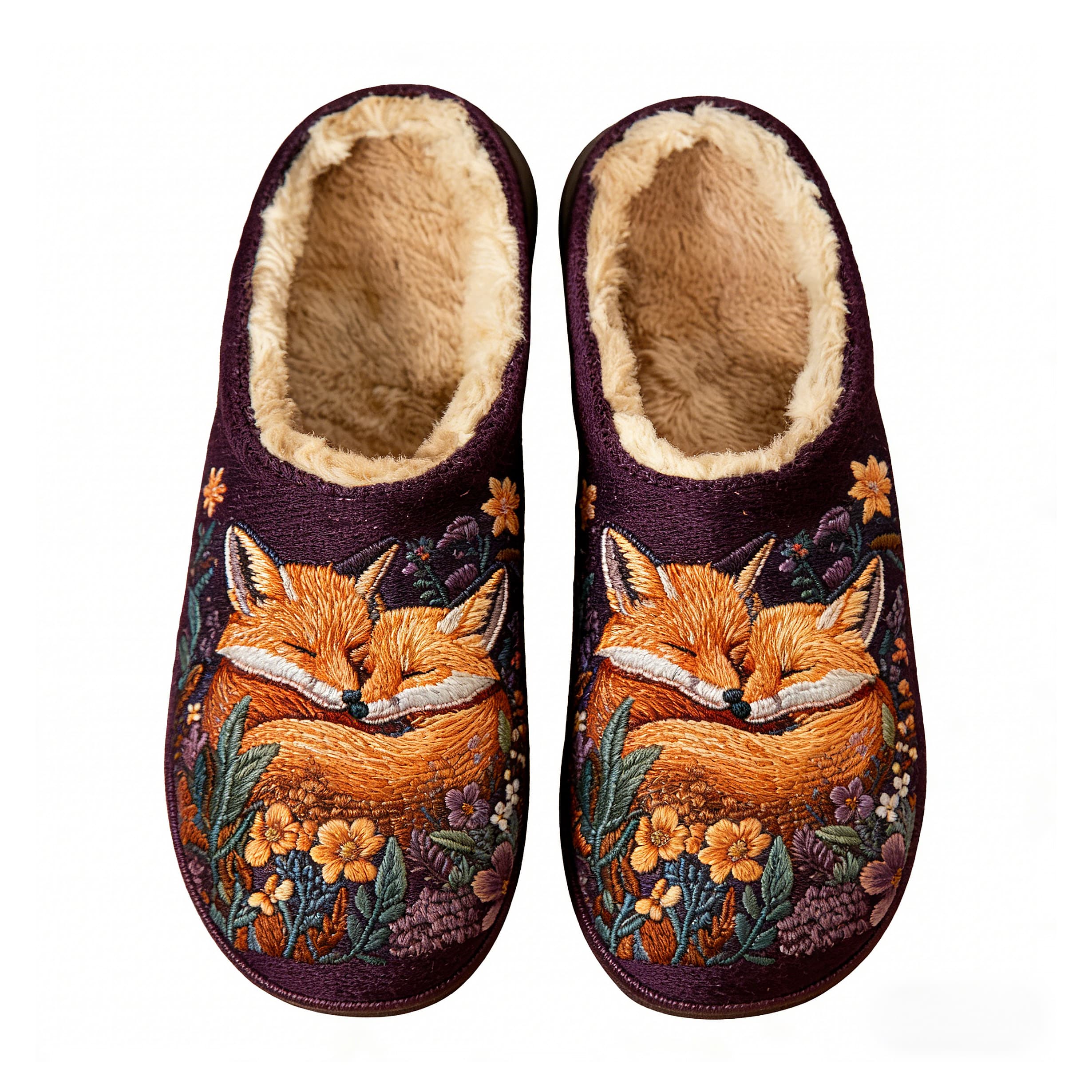 Violet Cuddling Foxes Plush Printed Slippers