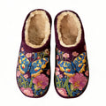 Plum Purple Butterfly & Floral Embroidery Plush Printed Slippers