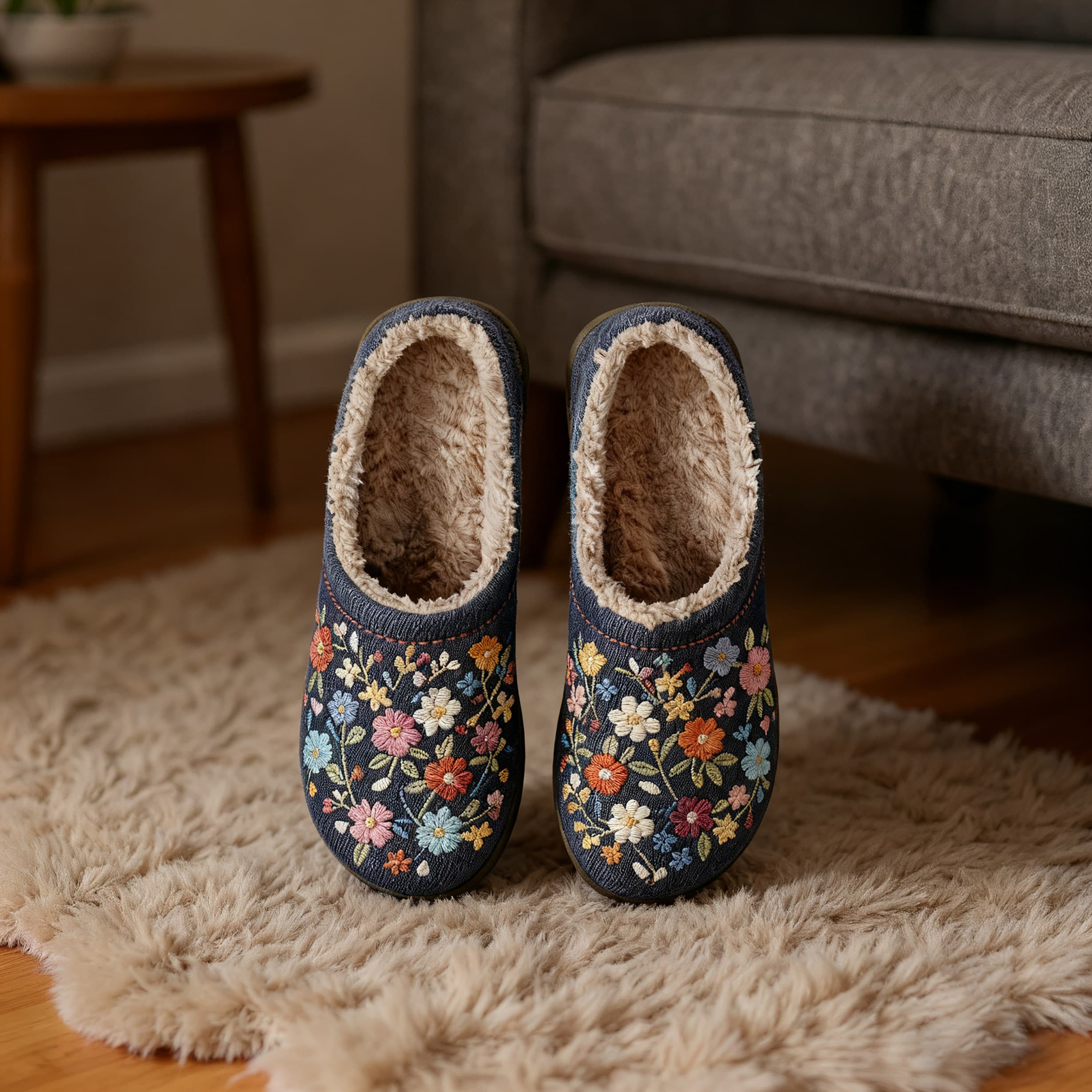 Floral Pattern Embroidery Plush Printed Slippers