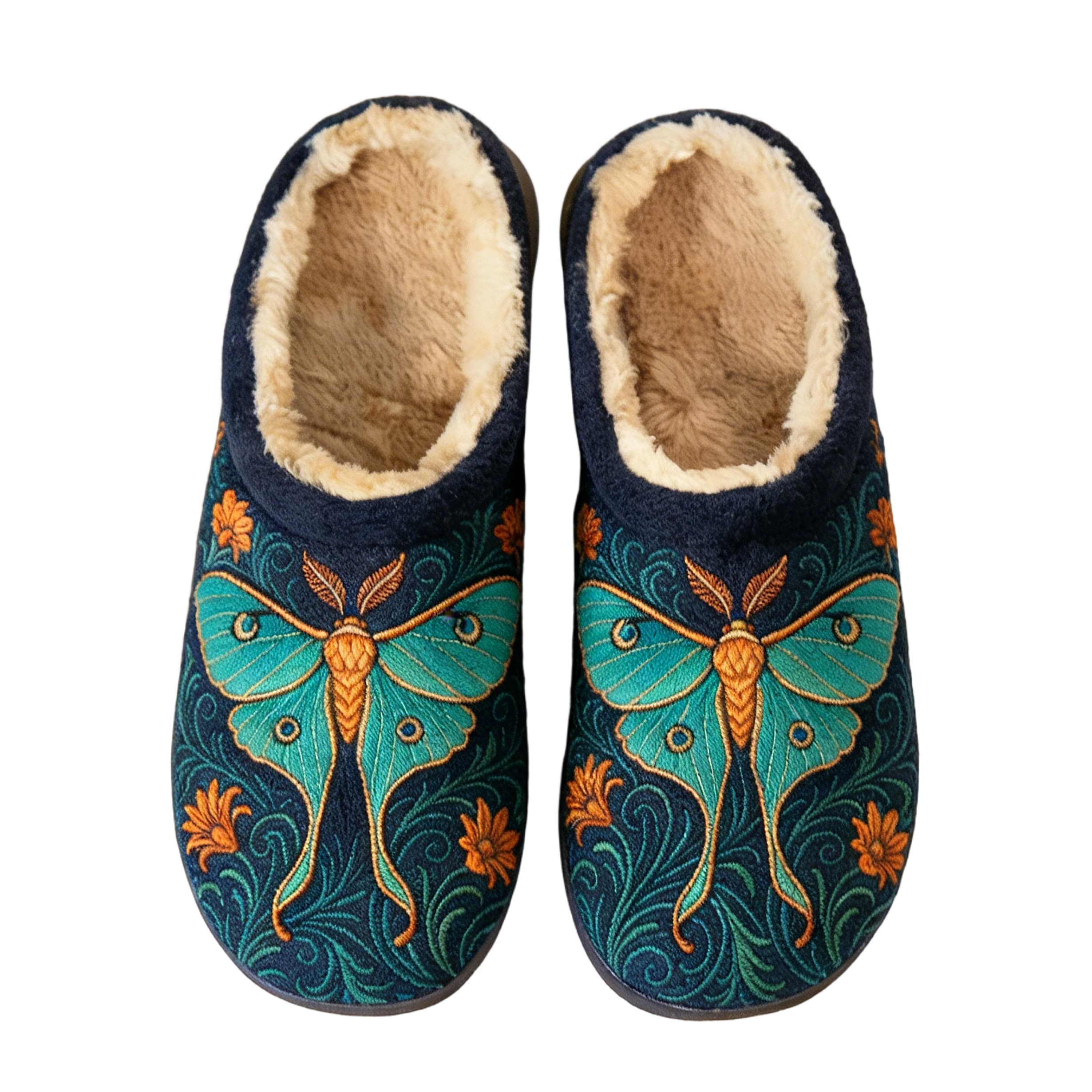 Navy Luna Moth Embroidery Plush Printed Slippers