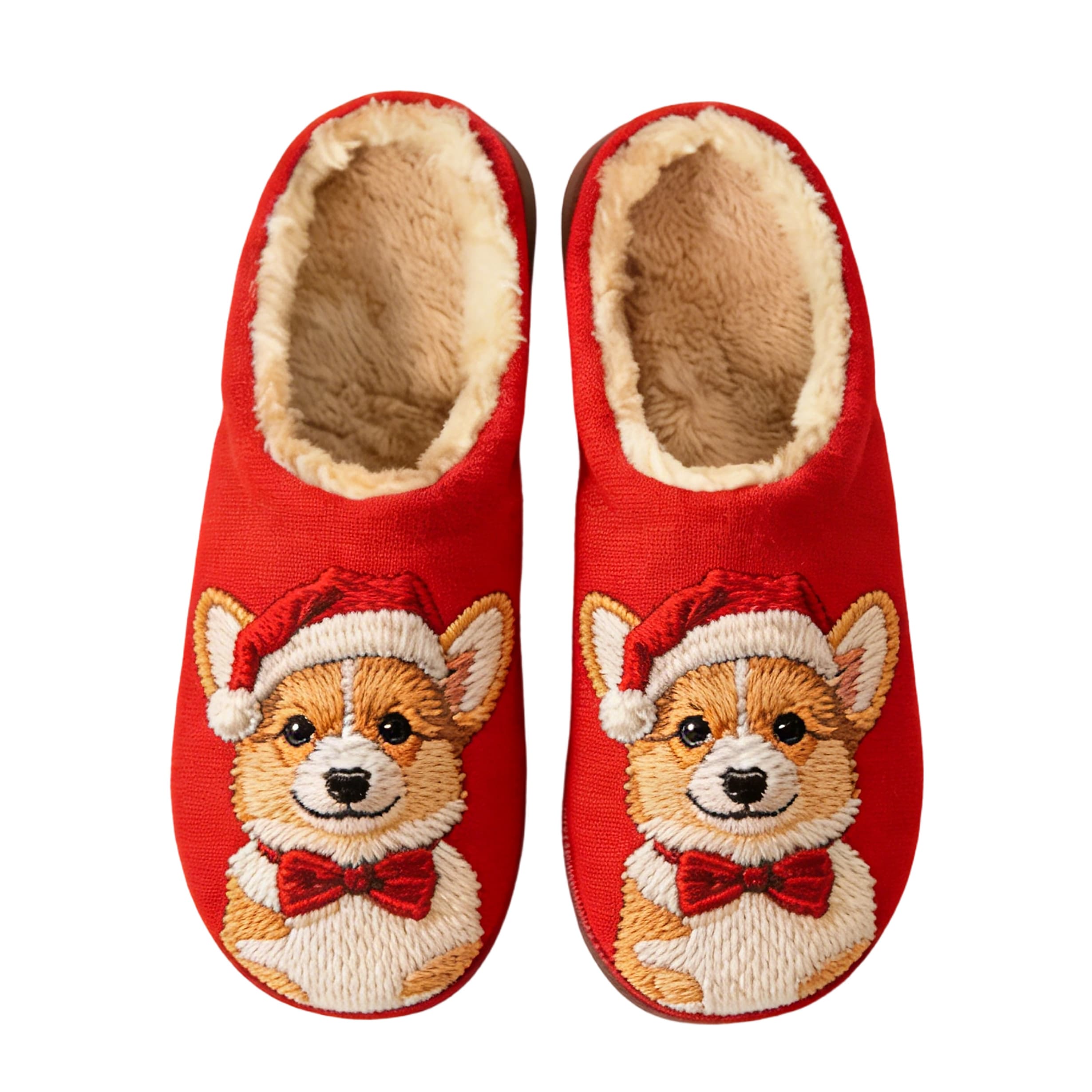 Santa Corgi Festive Embroidery Plush Printed Slippers