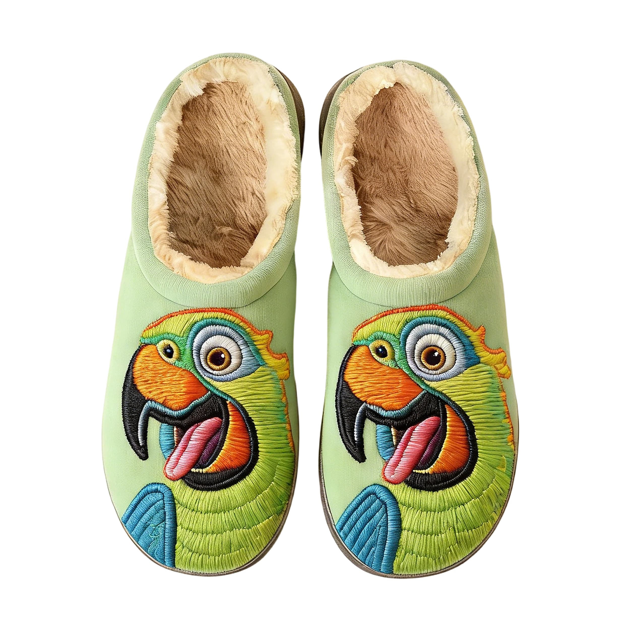 Mint Green Cartoon Parrot Embroidery Plush Printed Slippers