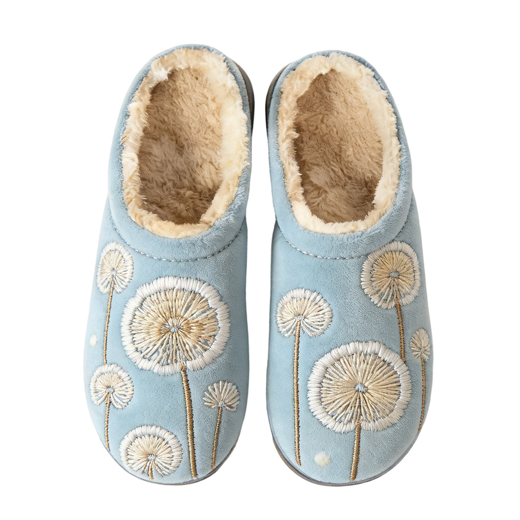 Powder Blue Dandelion Seed Embroidery Plush Printed Slippers