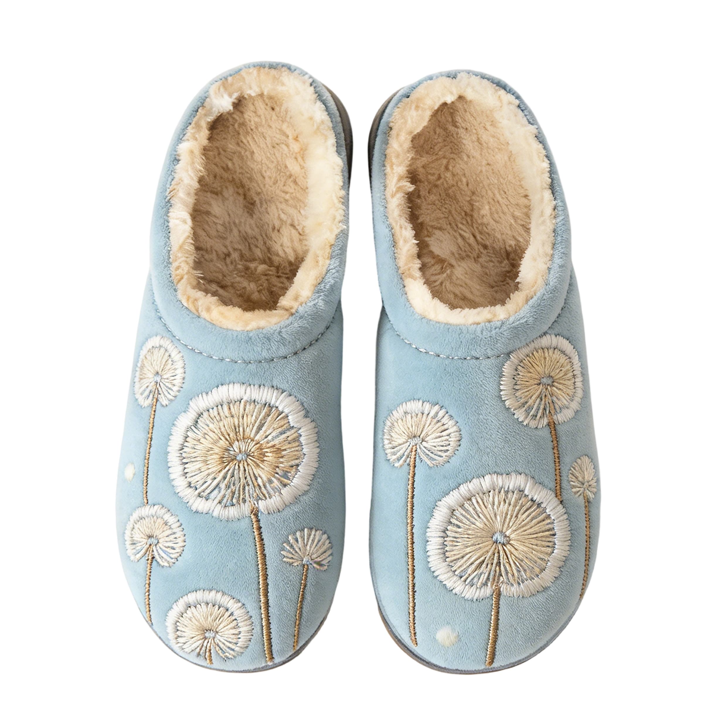 Powder Blue Dandelion Seed Embroidery Plush Printed Slippers