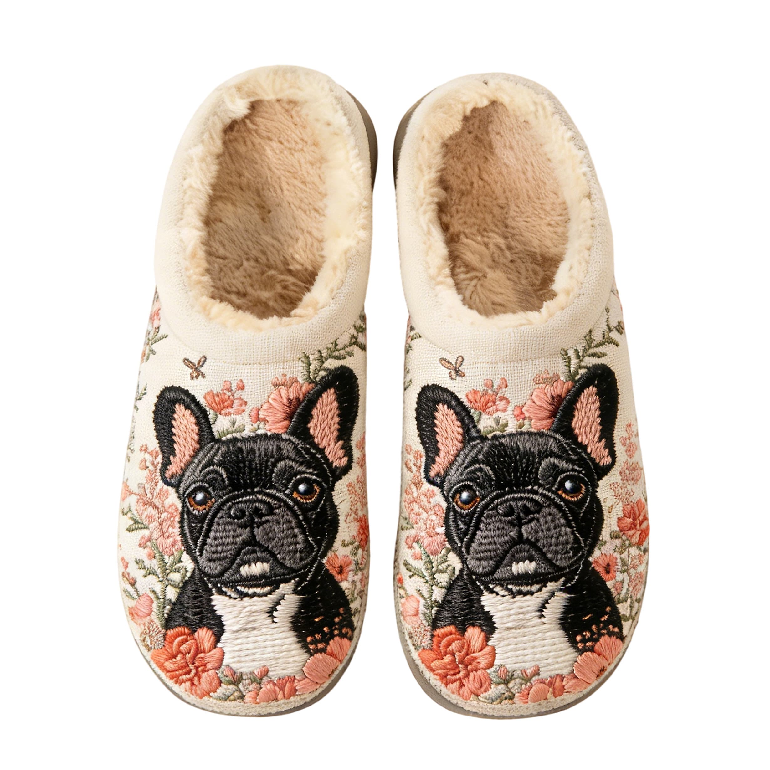 Ivory French Bulldog & Blossom Embroidery Plush Printed Slippers