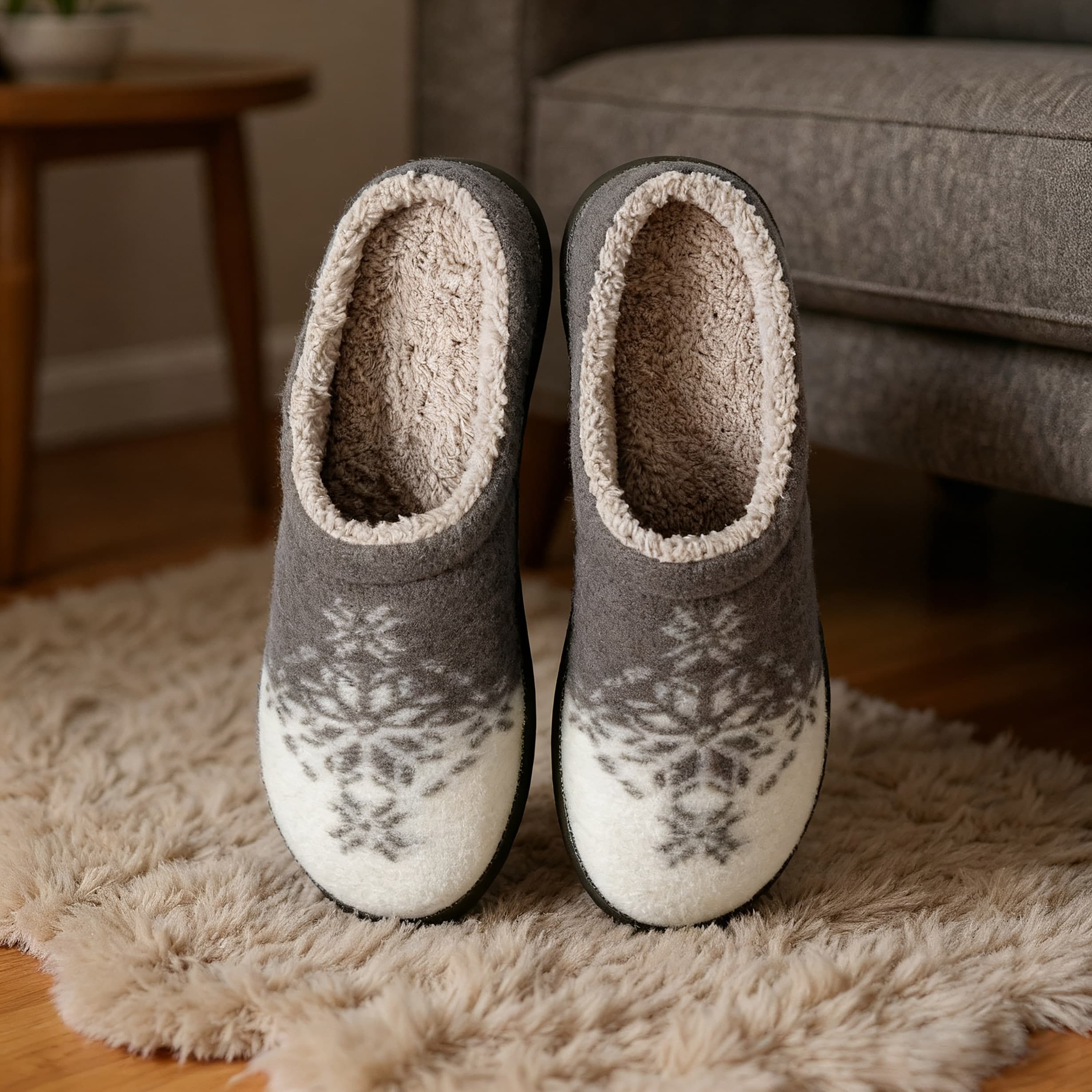 Gray-White Patterns Embroidery Plush Printed Slippers