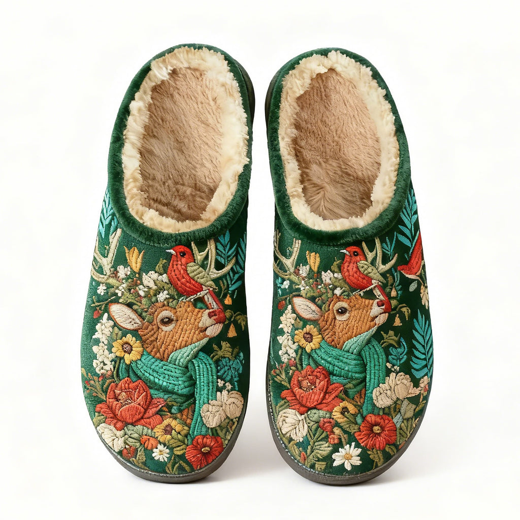 Dark Green Deer & Bird Floral Embroidery Plush Printed Slippers
