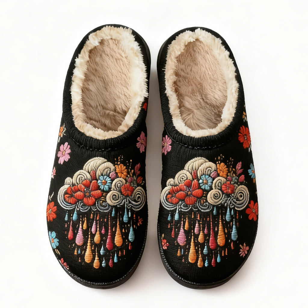 Black Floral Cloud Raindrop Embroidery Plush Printed Slippers