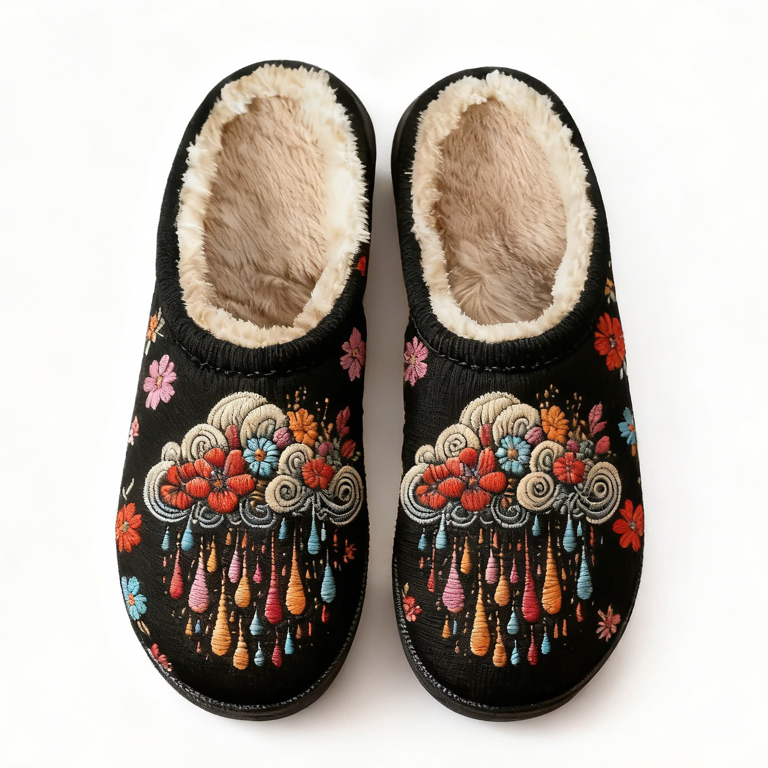 Black Floral Cloud Raindrop Embroidery Plush Printed Slippers