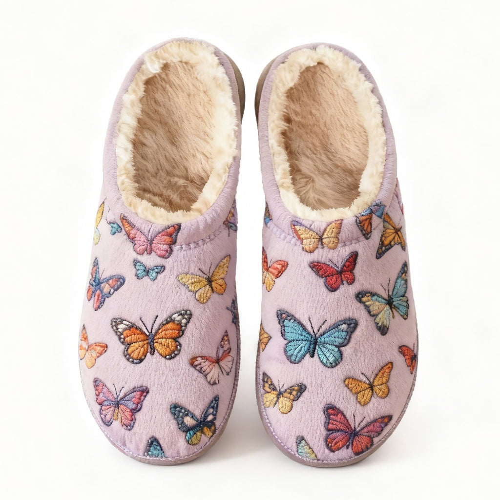 Pastel Butterfly Embroidery Plush Printed Slippers