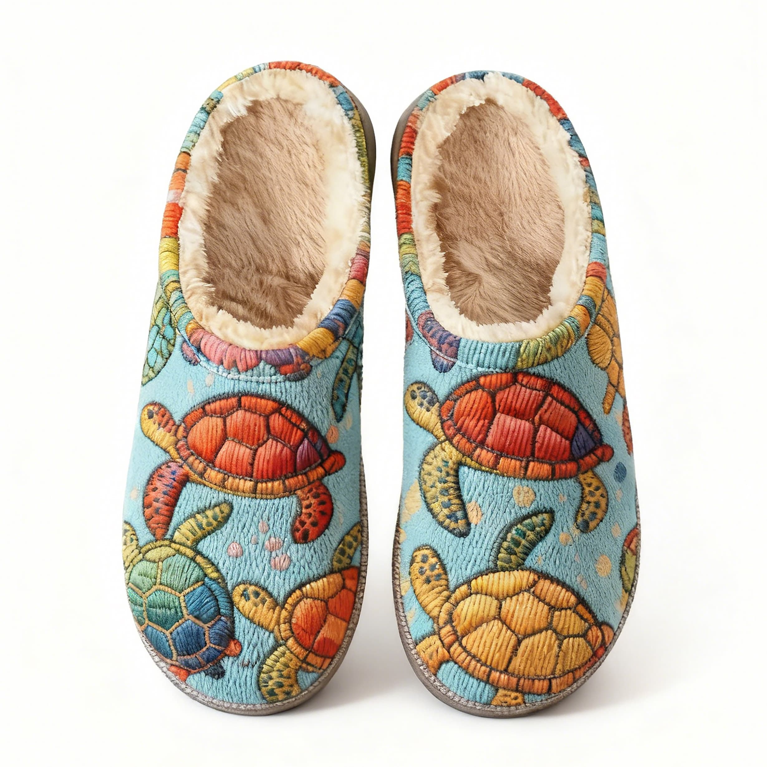 Vibrant Turtle Embroidery Plush Printed Slippers