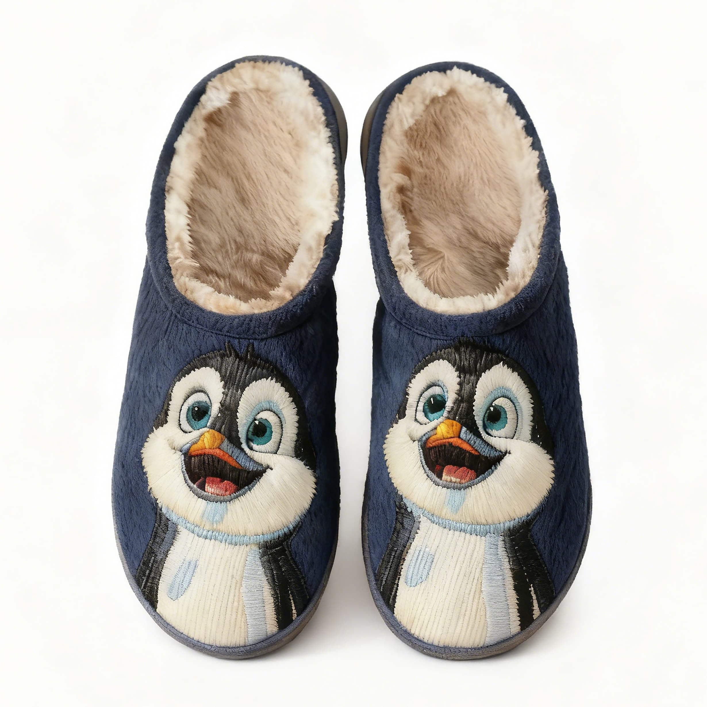 Navy Happy Penguin Embroidery Plush Printed Slippers
