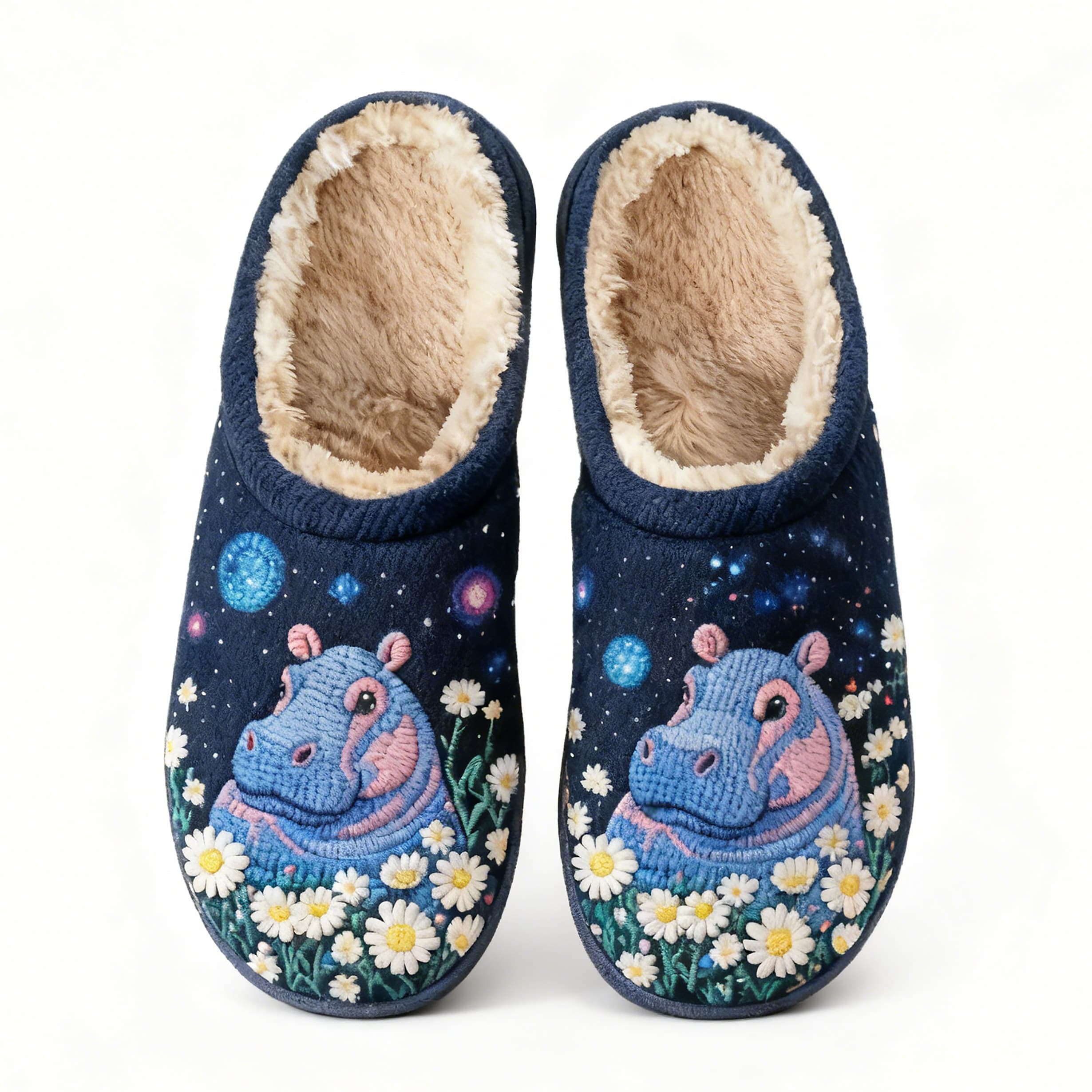 Starry Hippo Embroidery Plush Printed Slippers