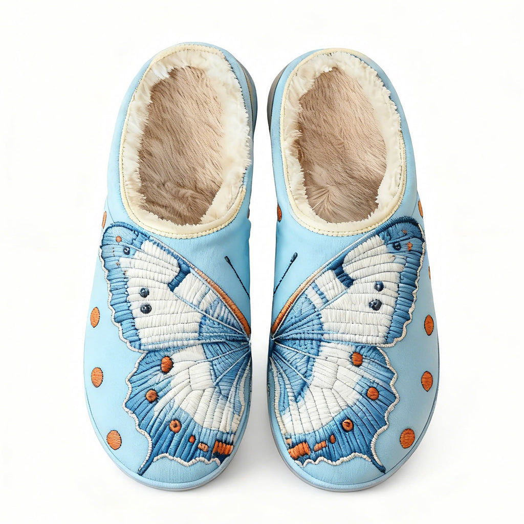 Large Blue Butterfly Embroidery Plush Printed Slippers
