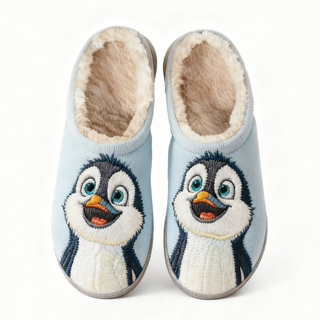 Adorable Penguin Embroidery Plush Printed Slippers