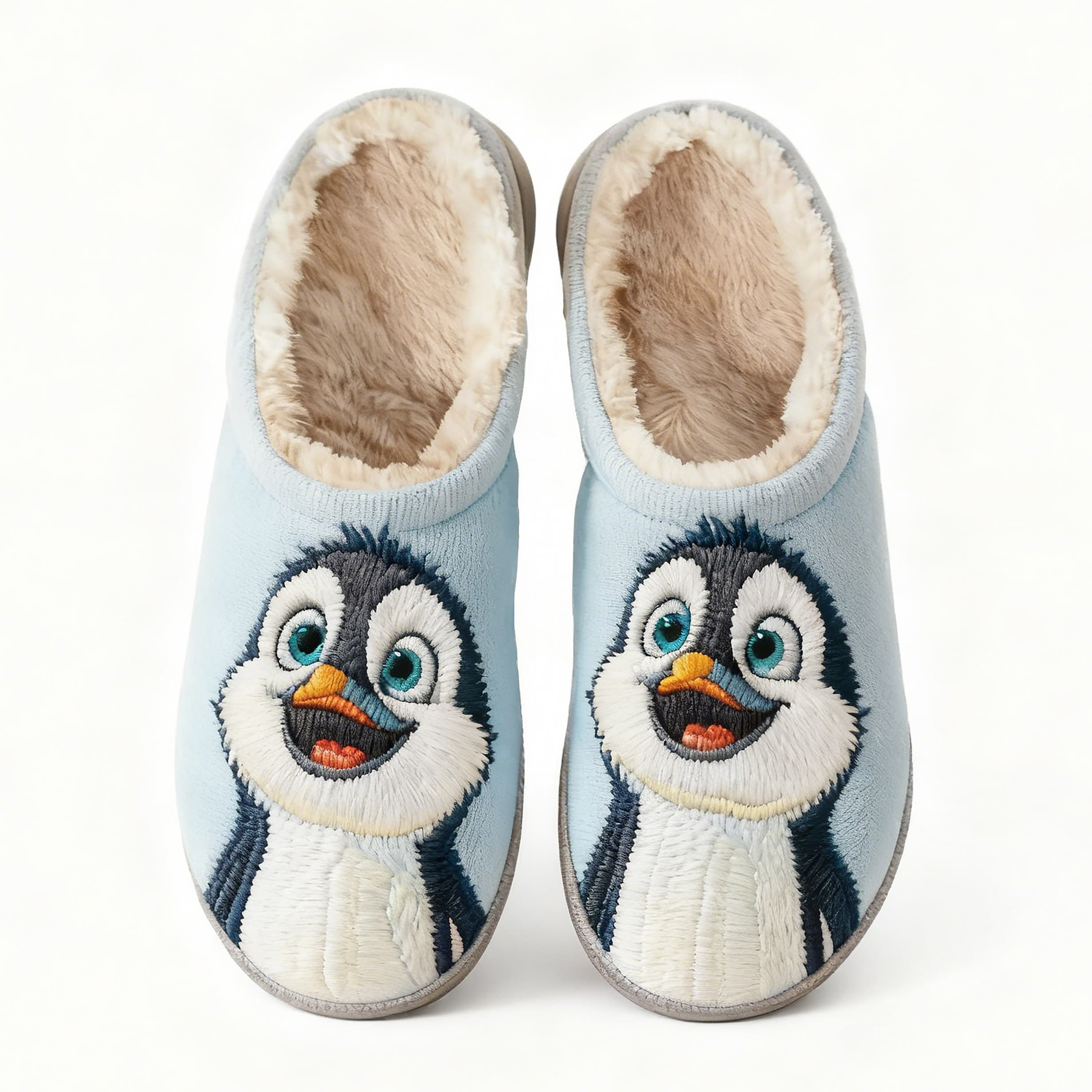 Adorable Penguin Embroidery Plush Printed Slippers