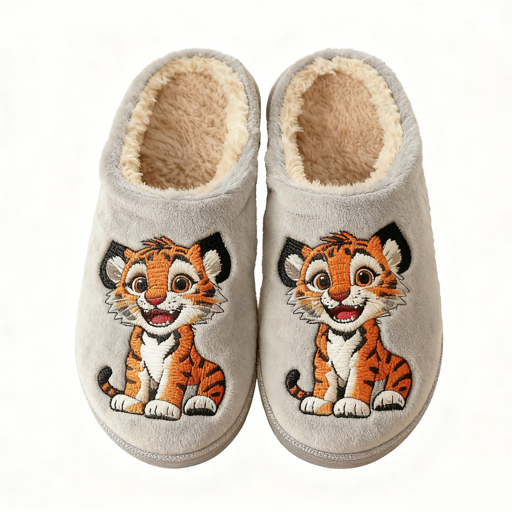 Cute Tiger Cub Embroidery Plush Printed Slippers
