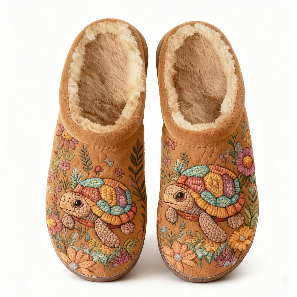 Tan Floral Colorful Turtle Embroidery Plush Printed Slippers
