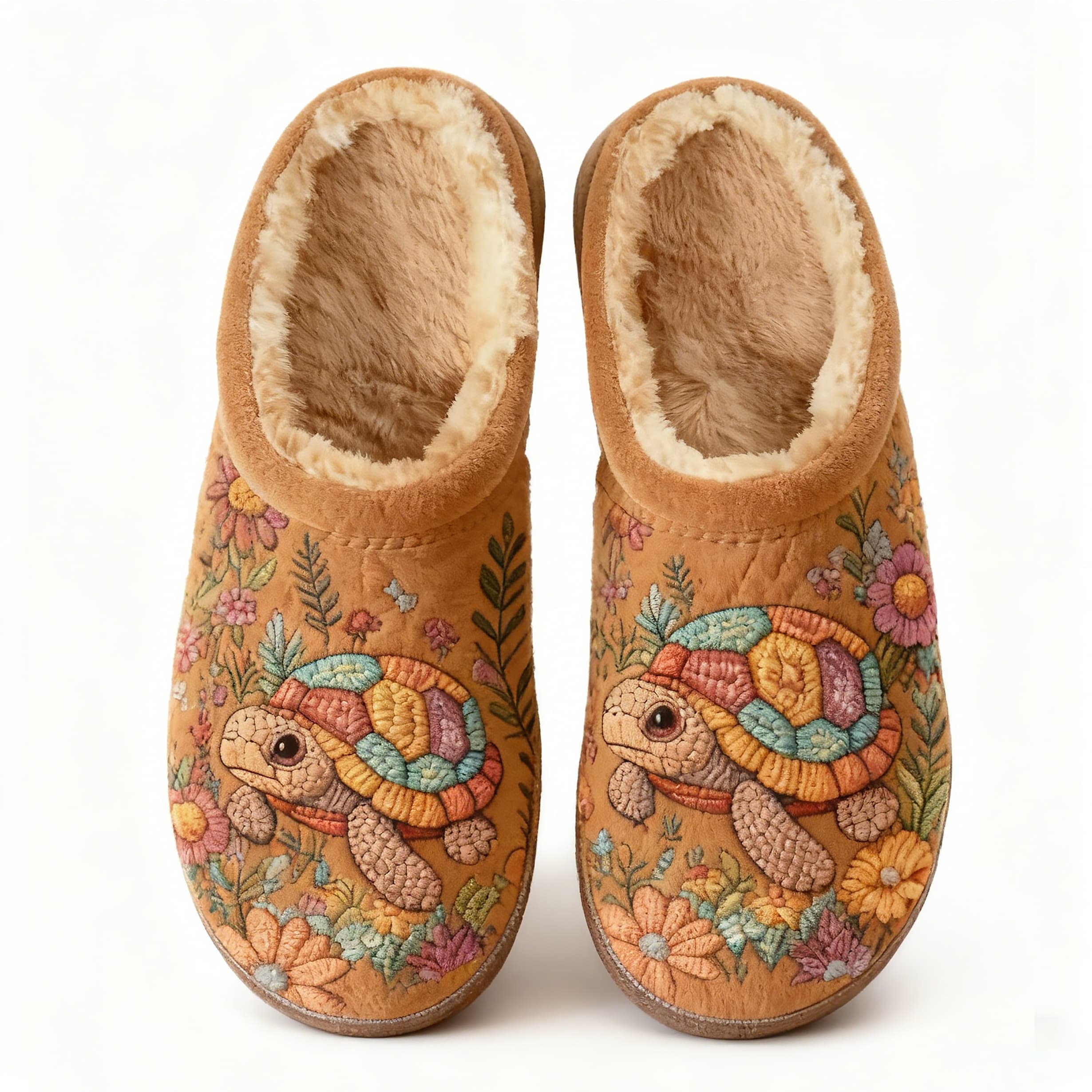 Tan Floral Colorful Turtle Embroidery Plush Printed Slippers