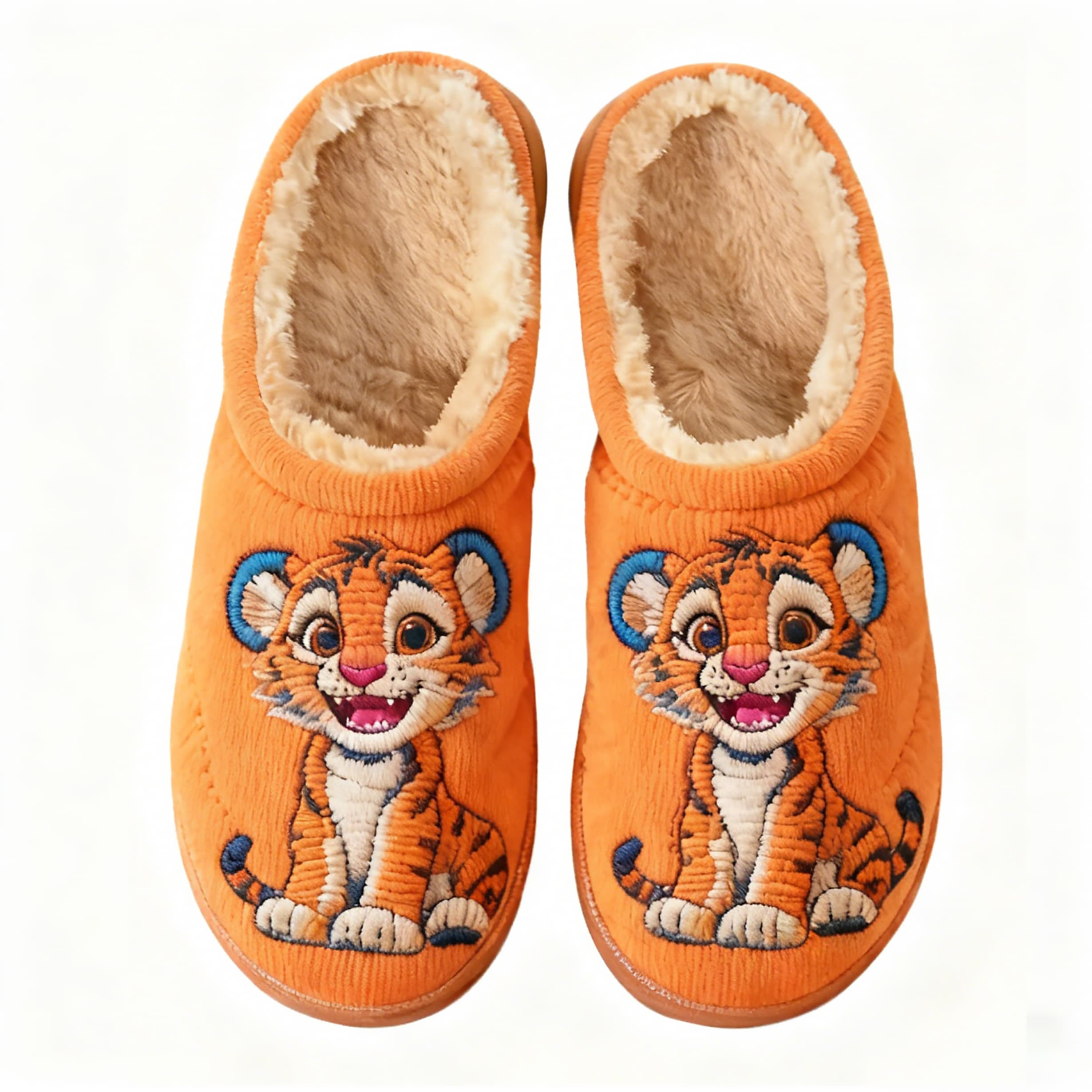 Orange Playful Tiger Cub Embroidery Plush Printed Slippers