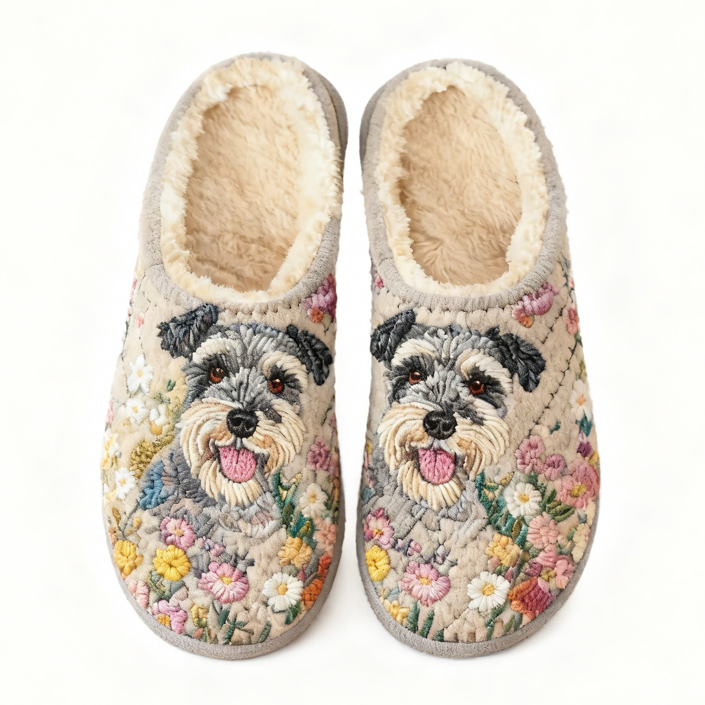 Beige Schnauzer in Floral Embroidery Plush Printed Slippers