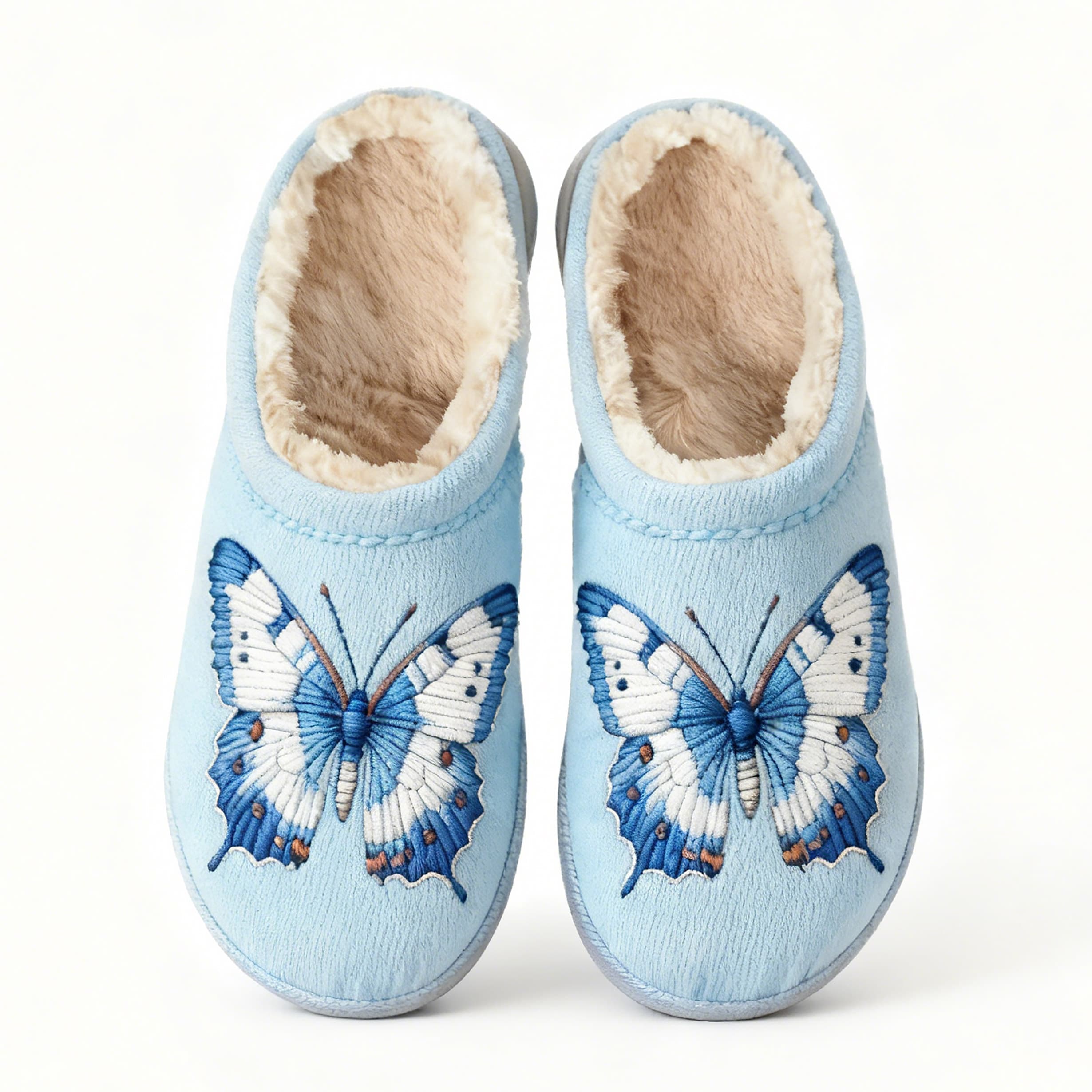 Pale Blue Butterfly Embroidery Plush Printed Slippers