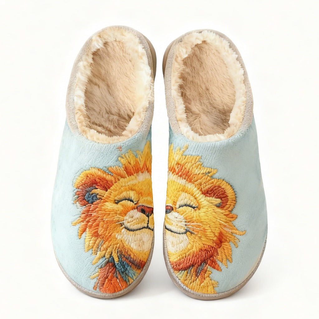 Light Blue Smiling Lion Embroidery Plush Printed Slippers