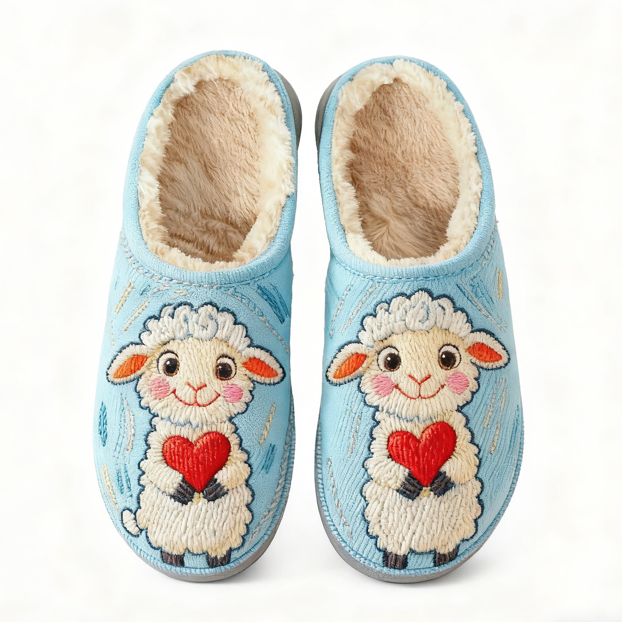 Sky Blue Lamb with Heart Embroidery Plush Printed Slippers