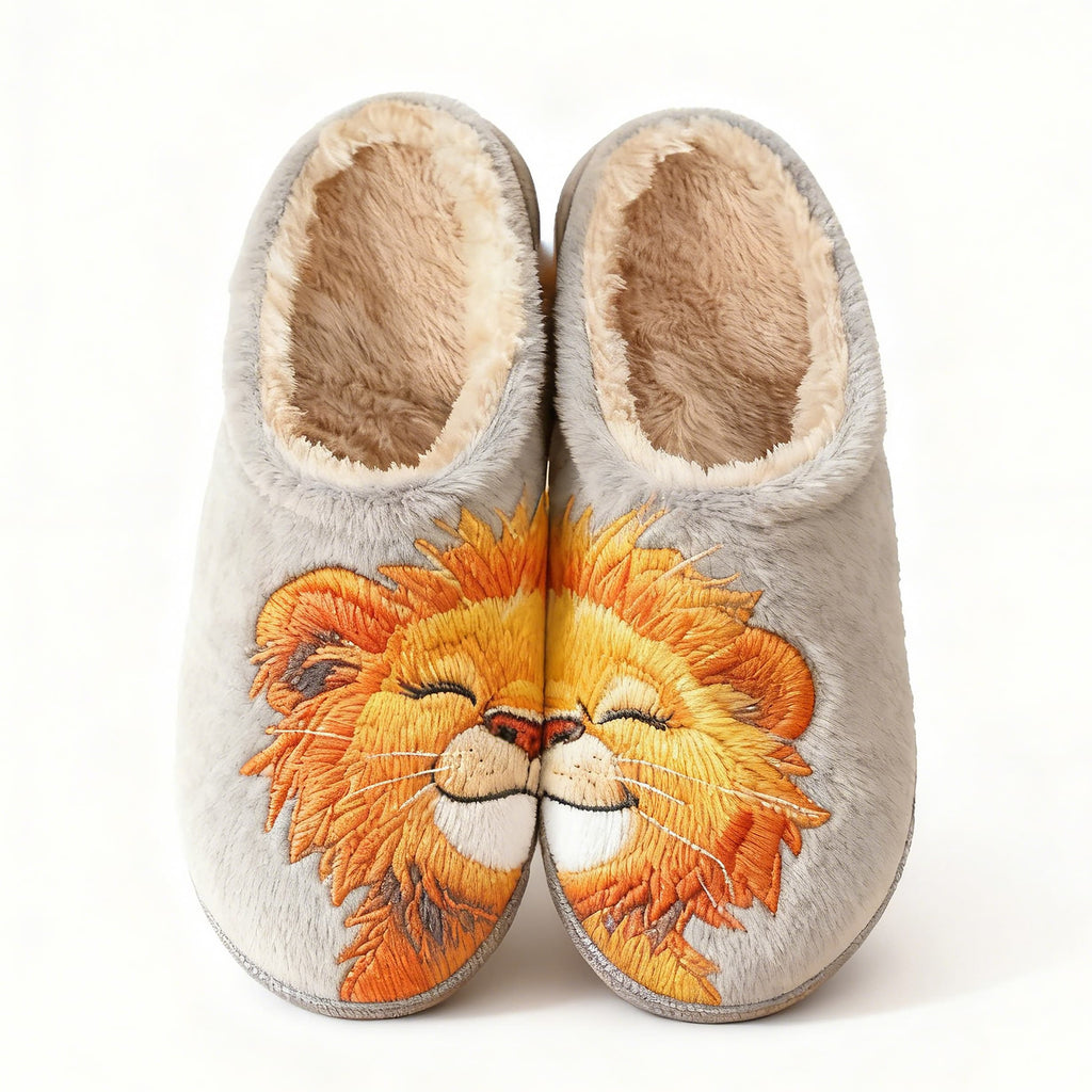 Gray Split Lion Embroidery Plush Printed Slippers