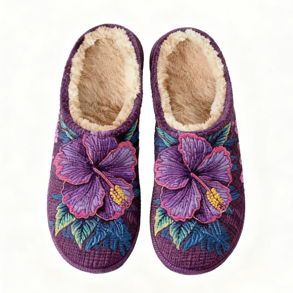 Purple Hibiscus Flower Embroidery Plush Printed Slippers
