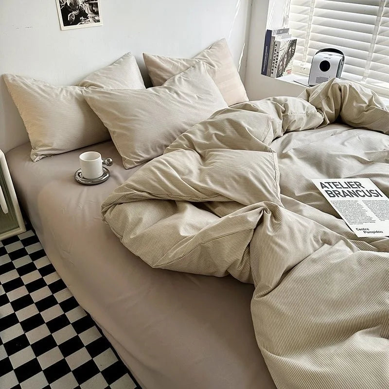 Japanese Lattice Duvet Cover Set with Sheet Pillowcases No Filling Warm Solid Color Bed Linen Full Queen Size Home Bedding Set