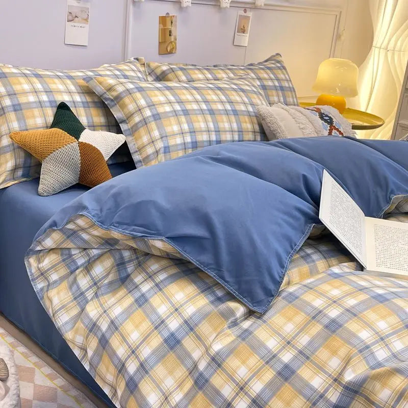 Green Grid Duvet Cover Set Ins Soft Bed Sheet Pillowcases No Filler Twin Queen Size New Spring Adult Kids Bedding Linens