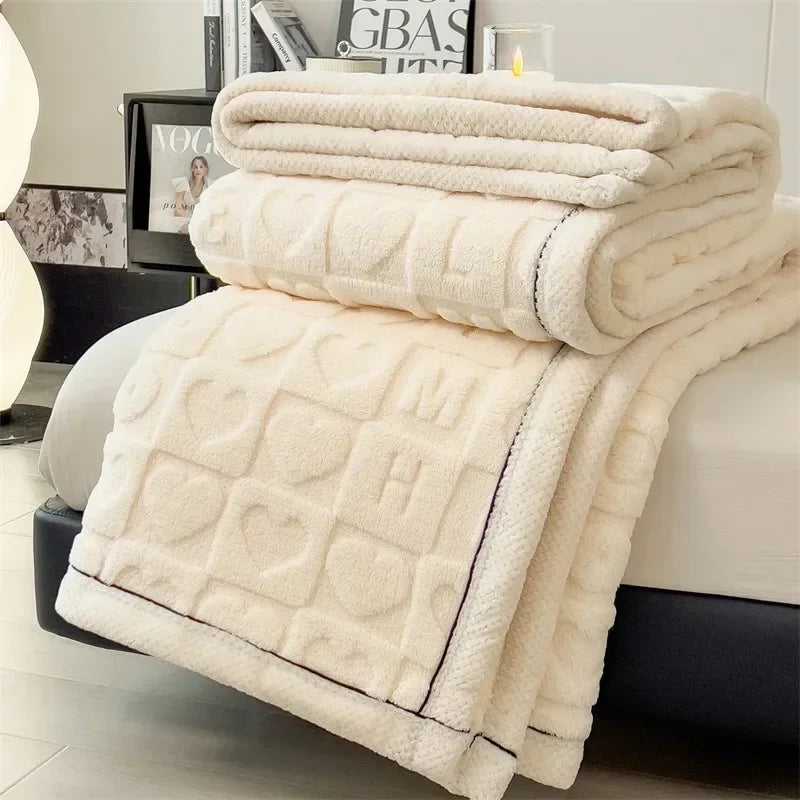 Knitted Heart Pattern Warm Throw Blankets Winter Soft Comfortable Double Sided Plush Thick Coral Velvet Blanket for Bed Safa