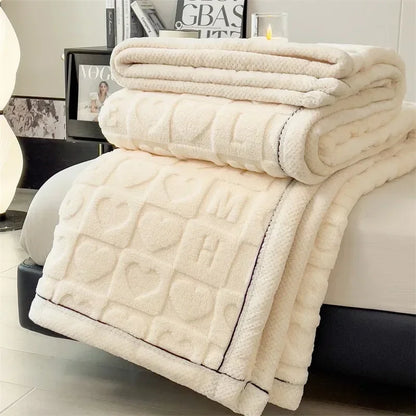 Knitted Heart Pattern Warm Throw Blankets Winter Soft Comfortable Double Sided Plush Thick Coral Velvet Blanket for Bed Safa