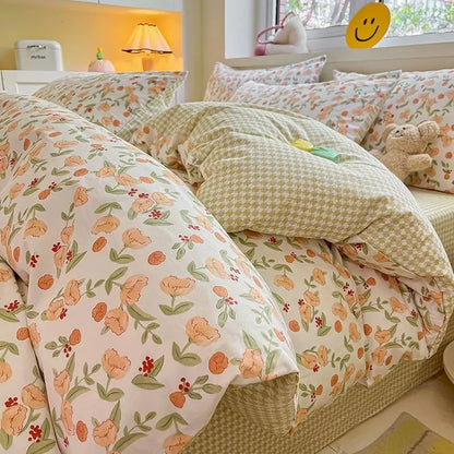 New Floral Bedding Set Fashion Ins Duvet Cover Flat Sheet Pillowcases No Filler Full Queen Size Hotel Home Soft Bed Linens