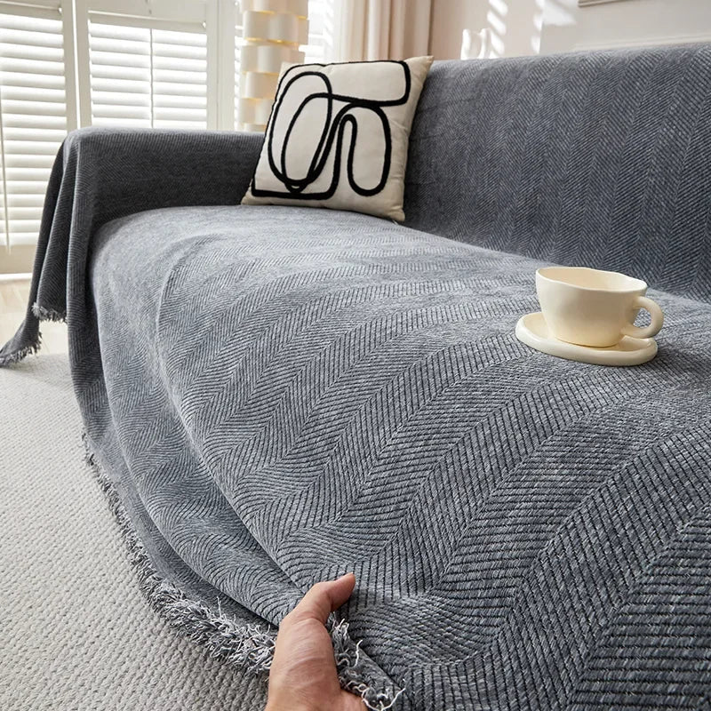 High Quality Waterproof Chenille Sofa Cover Cloth Green Striped Sofa Cushion Four Season Universal 3  Seat All Inclusive Blanket
