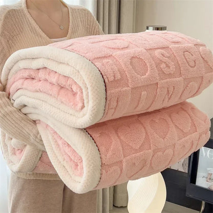 Knitted Heart Pattern Warm Throw Blankets Winter Soft Comfortable Double Sided Plush Thick Coral Velvet Blanket for Bed Safa