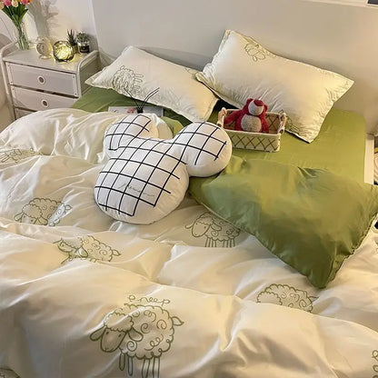 Green Grid Duvet Cover Set Ins Soft Bed Sheet Pillowcases No Filler Twin Queen Size New Spring Adult Kids Bedding Linens