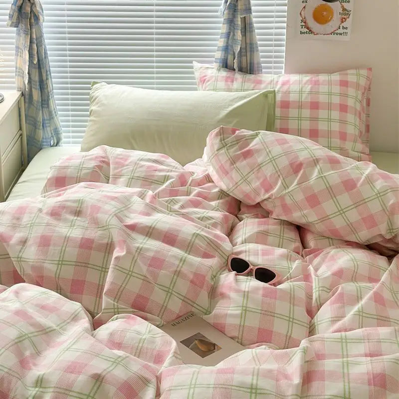 Green Grid Duvet Cover Set Ins Soft Bed Sheet Pillowcases No Filler Twin Queen Size New Spring Adult Kids Bedding Linens