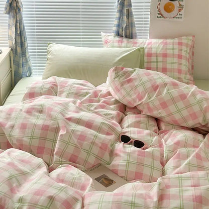 Green Grid Duvet Cover Set Ins Soft Bed Sheet Pillowcases No Filler Twin Queen Size New Spring Adult Kids Bedding Linens