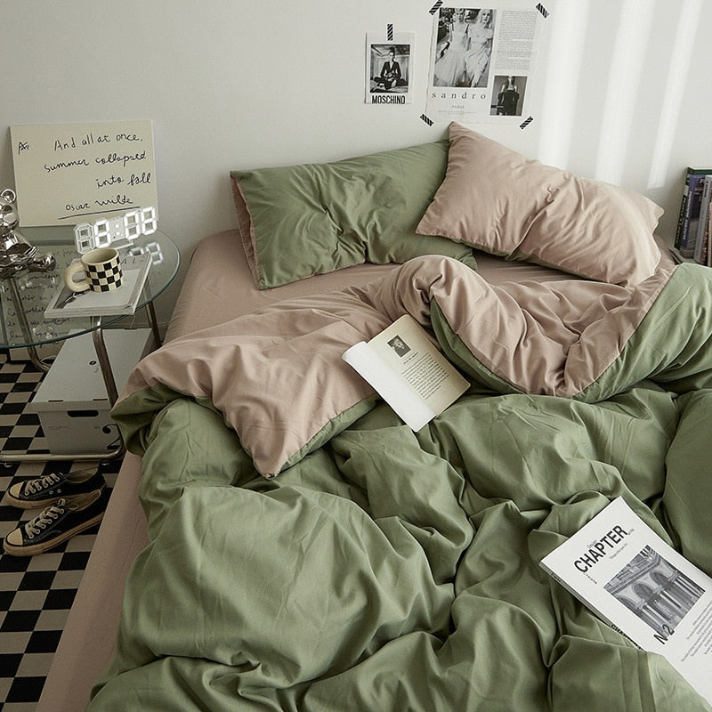 King Queen Bedding Set, 4 Pieces Bed Set Solid Color Duvet Cover Pillow Case Bed Sheet AB Side Quilt Cover Bedding Linens Set